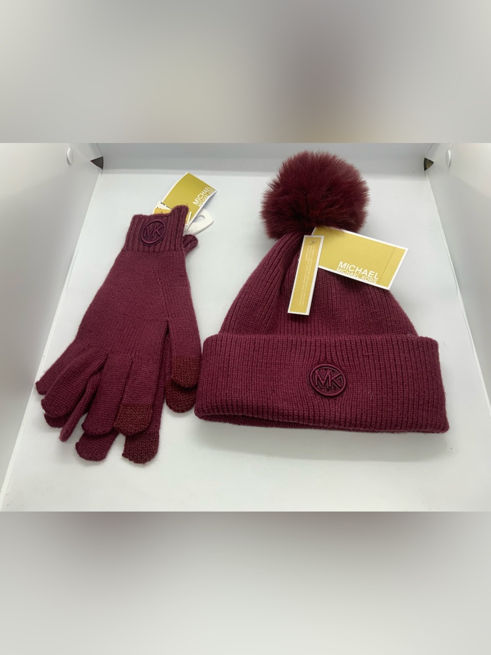 Michael Kors Women's Maroon Knit Pom Beanie with Matching Gloves